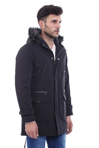 Manteau homme noir à capuche en fourrure TKY02
