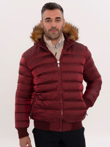 Manteau en duvet bordeaux à capuche en fourrure pour hommes TKY02