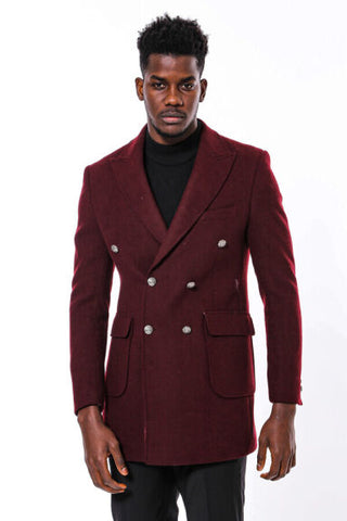 Burgundy metal buttoned double breasted long coat TKY02