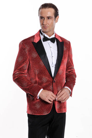 Burgundy Dot Pattern Peak Lapel Men's Prom Suit TKY02