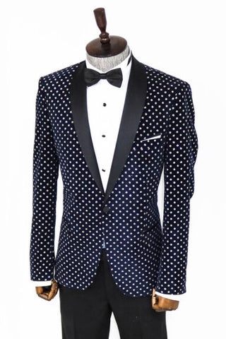 Men's Dot Pattern Slim Fit Navy Prom Suit TKY02