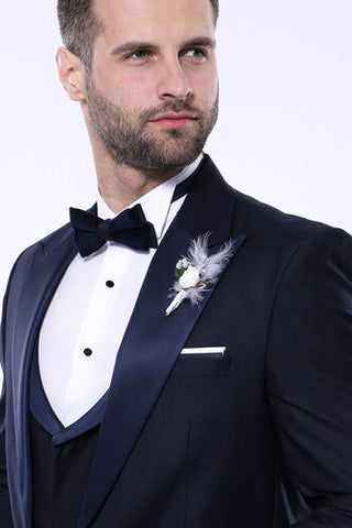 Men's Navy Blue Satin Lapel Double Breasted Suit TKY02
