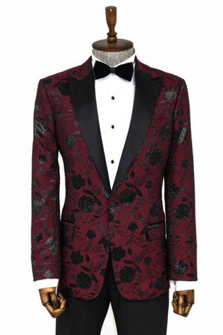 Burgundy Floral Patterned Men's Prom Suit TKY02