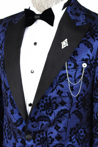 Navy Blue Floral Patterned Peak Lapel Prom Suit for Men TKY02
