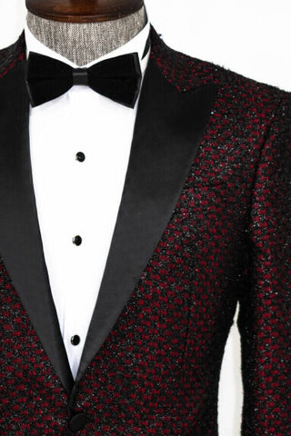 Men's burgundy sequined gingham patterned prom suit TKY02