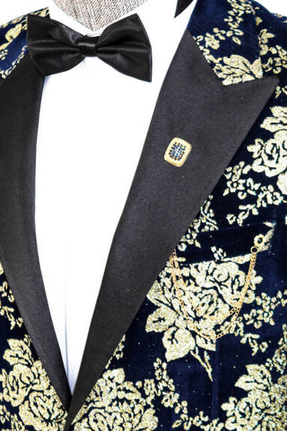 Navy Blue Gold Floral Pattern Men's Prom Suit TKY02
