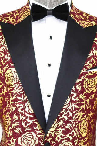 Burgundy Gold Rose Pattern Slim Fit Mens Prom Suit TKY02