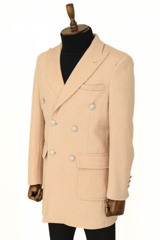 Men's cream wool and cashmere double-breasted coat with metal buttons TKY02