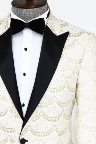 Men's Patterned Slim Fit White Prom Suit TKY02