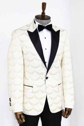 Men's Patterned Slim Fit White Prom Suit TKY02