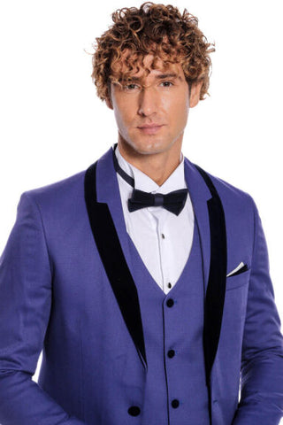 Blue men's suit with patterned velvet lapels TKY02