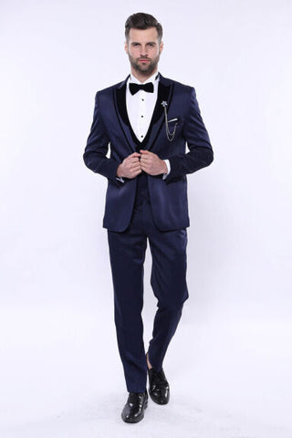 Men's Navy Blue Patterned Velvet Lapel Suit TKY02