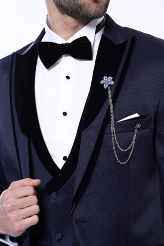 Men's Navy Blue Patterned Velvet Lapel Suit TKY02