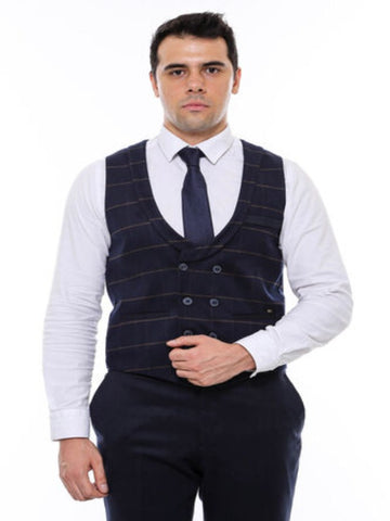 Men's navy blue vest with double-breasted check collar TKY02