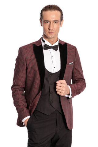 Burgundy check patterned men's suit TKY02