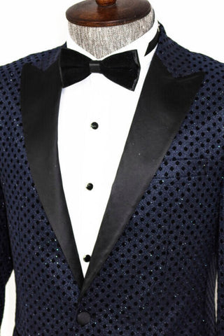 Navy Blue Sequin Patterned Men's Prom Suit