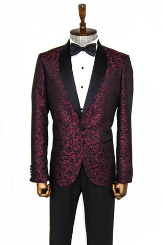 Burgundy Floral Patterned Shawl Lapel Men's Prom Suit TKY02