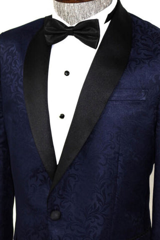 Navy Blue Floral Patterned Shawl Lapel Men's Prom Suit TKY02