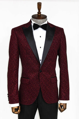 Burgundy Shiny Patterned Prom Men's Suit TKY02