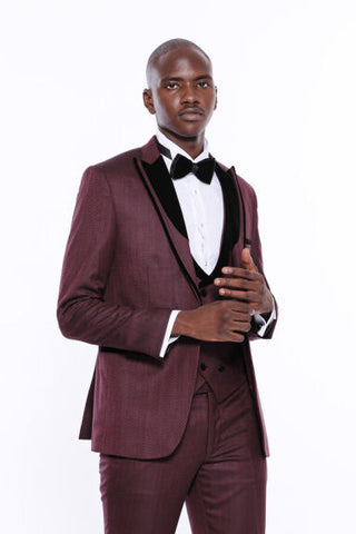 Men's Velvet Lapel Suit Patterned Jacket Burgundy TKY02