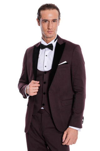 Burgundy Men's Slim Fit Velvet Lapel Suit TKY02