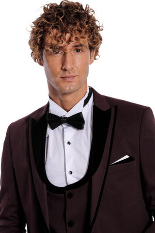 Burgundy Patterned Velvet Lapel Suit for Men TKY02