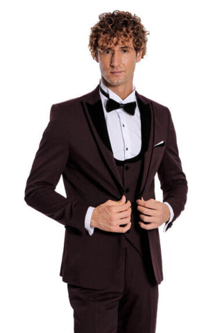 Burgundy Patterned Velvet Lapel Suit for Men TKY02